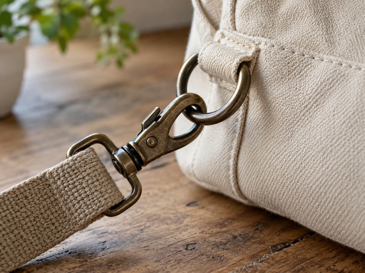 Close-up of a plain canvas bag metal swivel clip, D-ring and stitched webbing attachment, detailed hardware view.