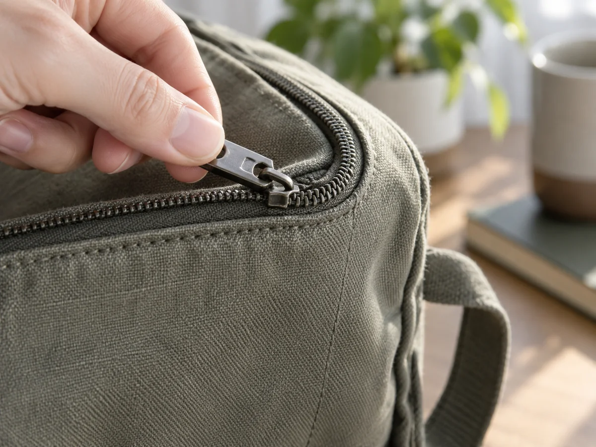 Close-up of fingers moving a zipper slider around a curved corner of a plain fabric bag, zipper teeth and turn visible.