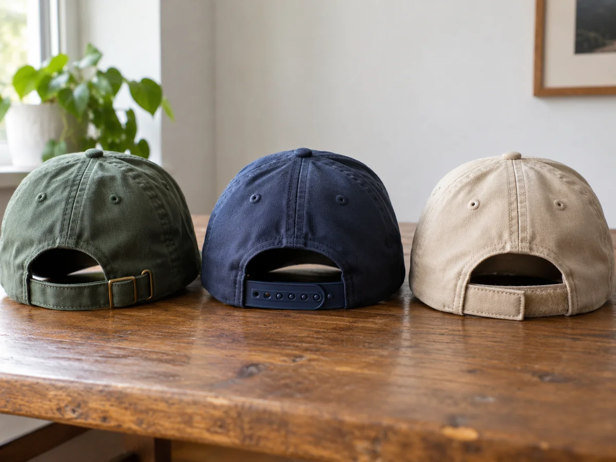Rear view of three unbranded baseball caps showing a metal buckle strap, plastic snap closure and hook-and-loop closure.