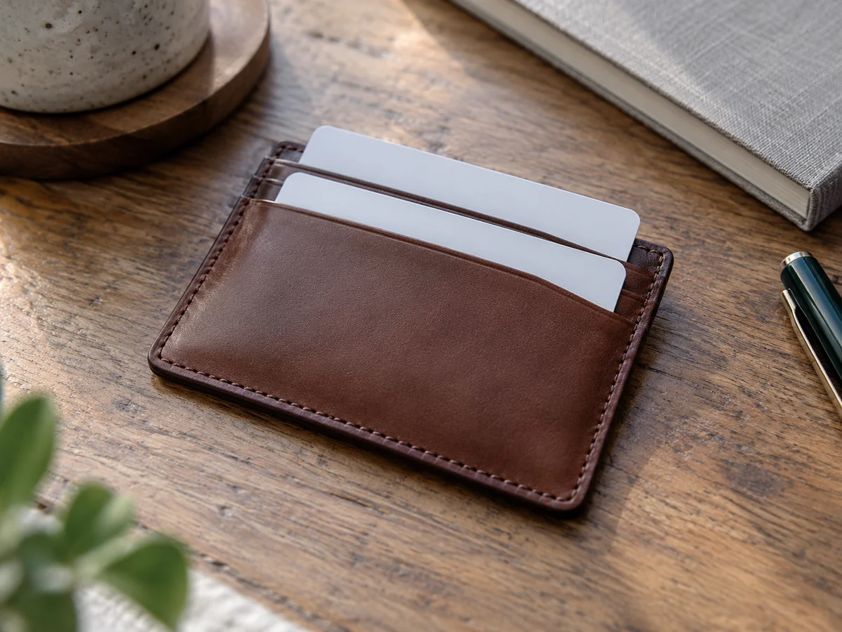 A slim unbranded leather cardholder with two blank unmarked cards partly slid from slots, close-up of easy card access.
