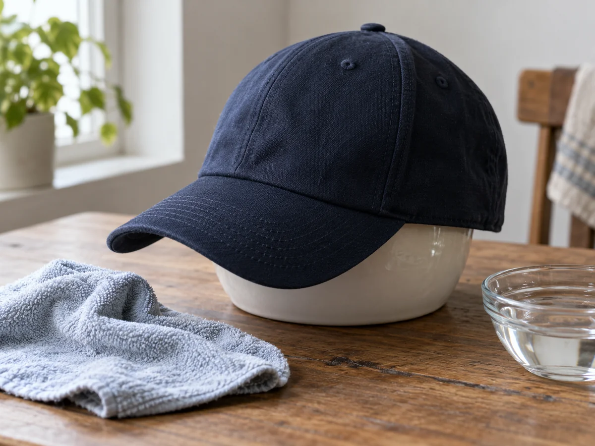 A plain baseball cap supported over a rounded bowl, a soft damp cloth beside it, close view of brim and crown retaining shape.