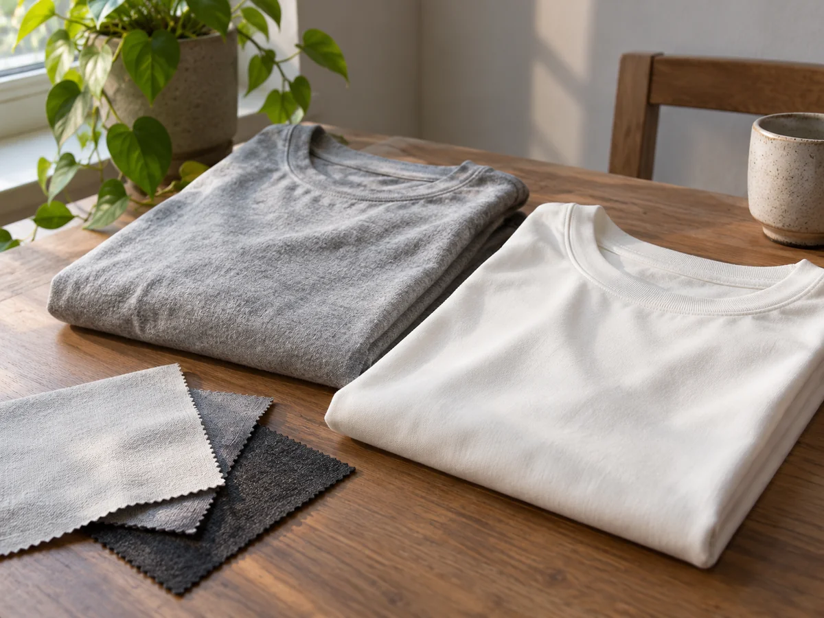 Two folded plain jersey shirts of different drapes, one softly matte and one smoother, beside unprinted fabric swatches.
