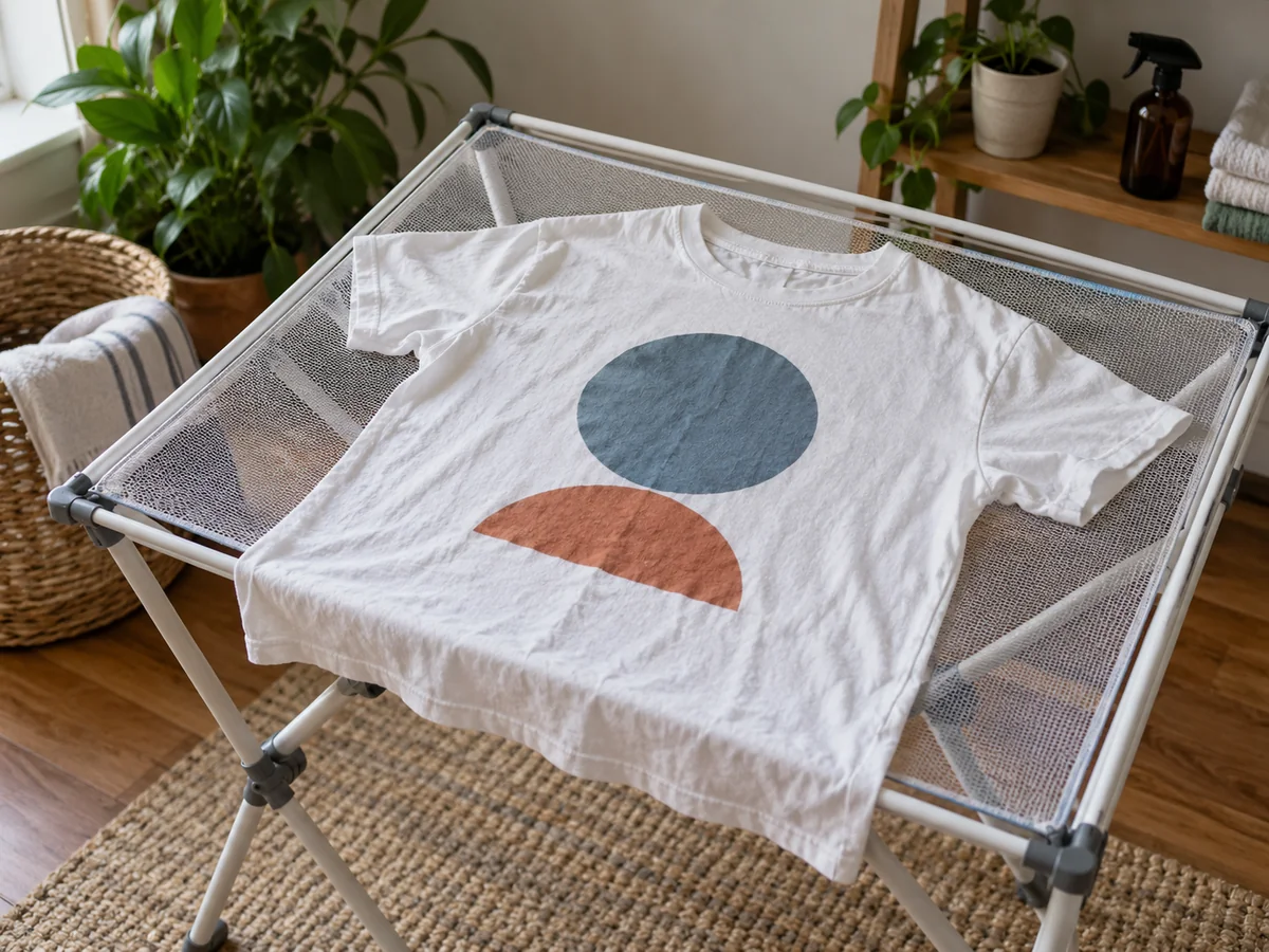 A cotton T-shirt with a simple original geometric print drying flat on a mesh drying rack indoors away from direct sunlight.
