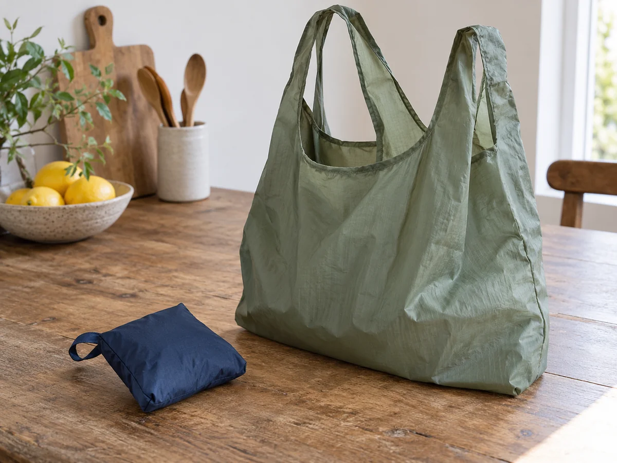 A thin reusable fabric tote folded into its attached small pouch beside the same style unfurled reusable bag in a different colour.