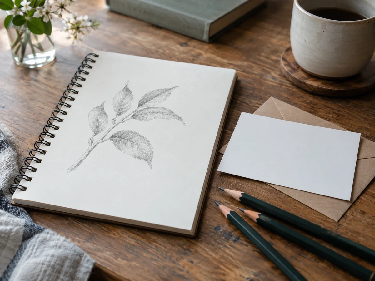 An unbranded sketchbook and soft drawing pencils beside a blank gift card, a modest practical gift for someone who draws.