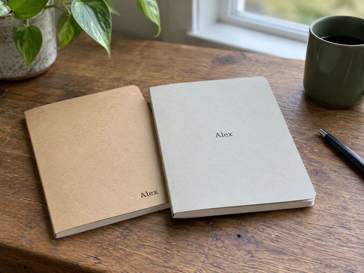 Two plain small notebooks with a short name Alex printed in different placements, one lower corner and one centred, showing layout options.
