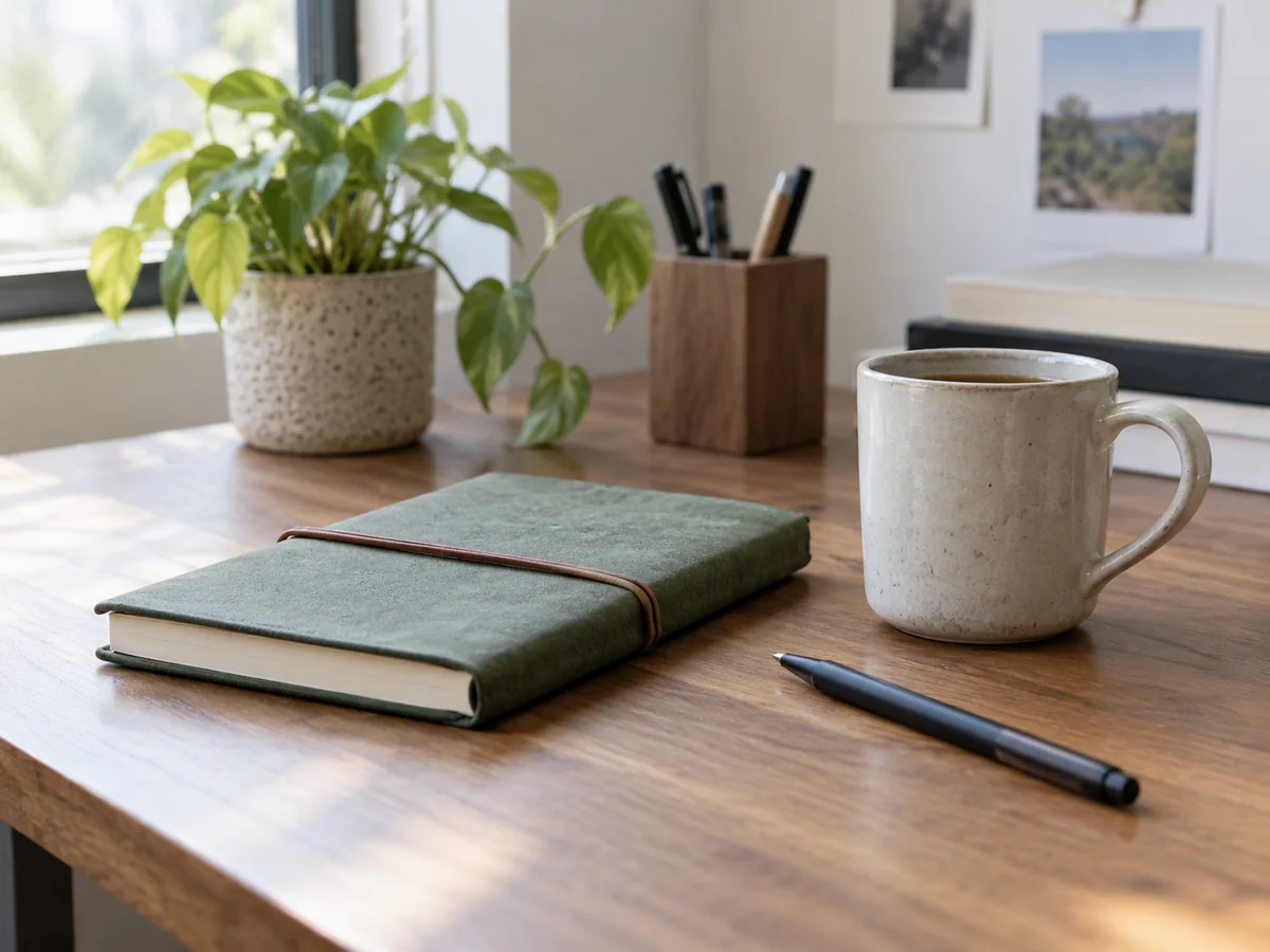 A modest wrapped notebook and a plain ceramic mug on an uncluttered office desk, no alcohol or expensive branded objects.