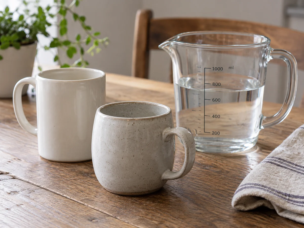 Two differently shaped plain ceramic mugs beside a transparent graduated measuring jug with water, three-quarter tabletop view.