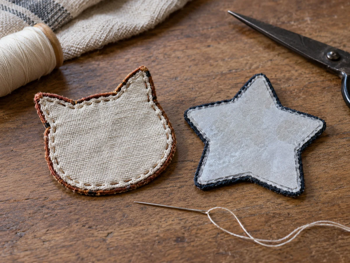 Two original plain embroidered fabric patches shown from back, one sew-on cloth backing and one iron-on adhesive backing, needle and thread beside them.