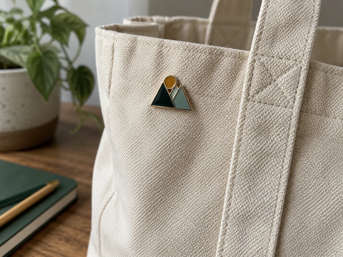 Close-up of a small original geometric enamel pin on the thick canvas panel of a tote, pin attachment area visible, no recognised art.