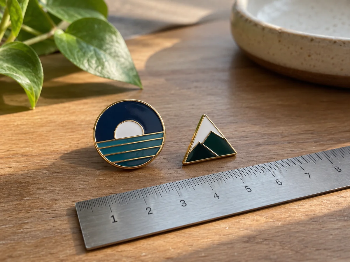 Two original simple geometric enamel pins of different sizes beside an ordinary ruler for scale, no recognised characters or letters.