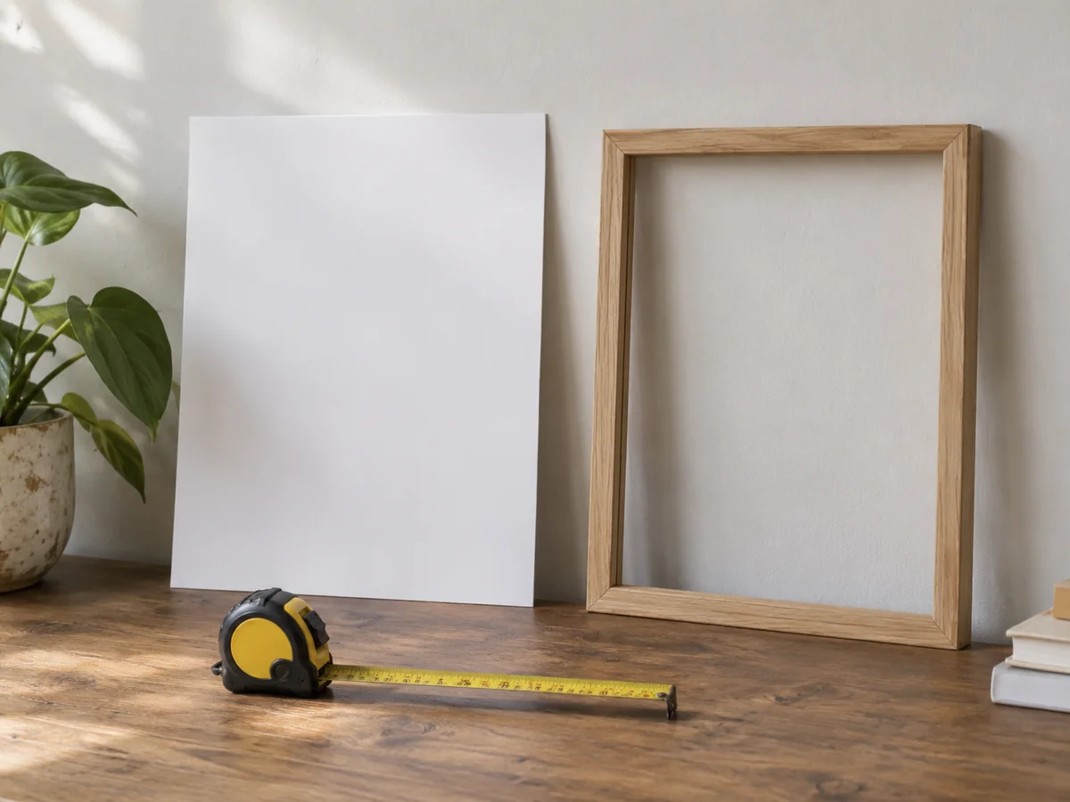 A blank rectangular poster next to an empty simple wooden frame and a tape measure, full frame opening visible.