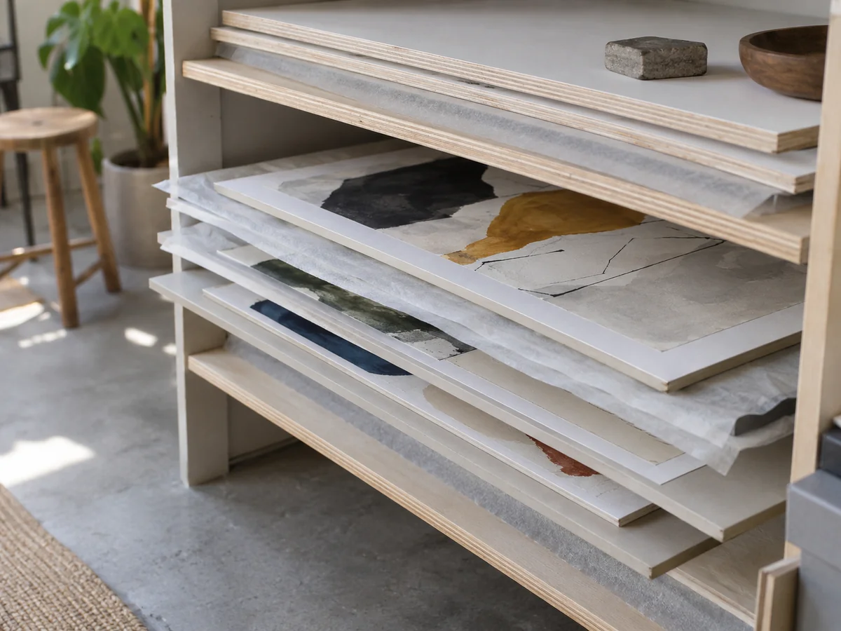 Several unframed abstract original paper prints stored flat between clean archival-style boards on a dry shelf, no rolled tubes.