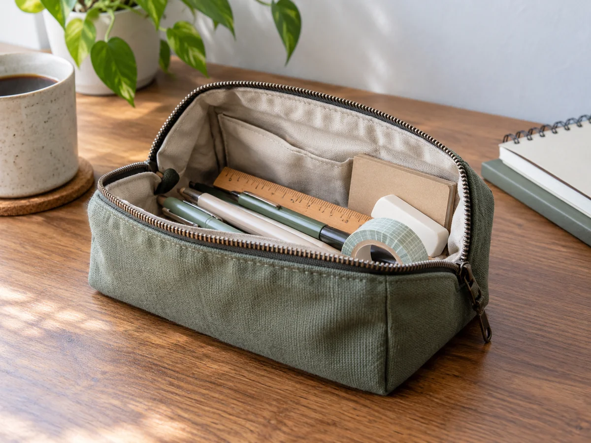 An unbranded box-shaped fabric pouch fully unzipped, opening held apart to show wide access and a few ordinary stationery items.