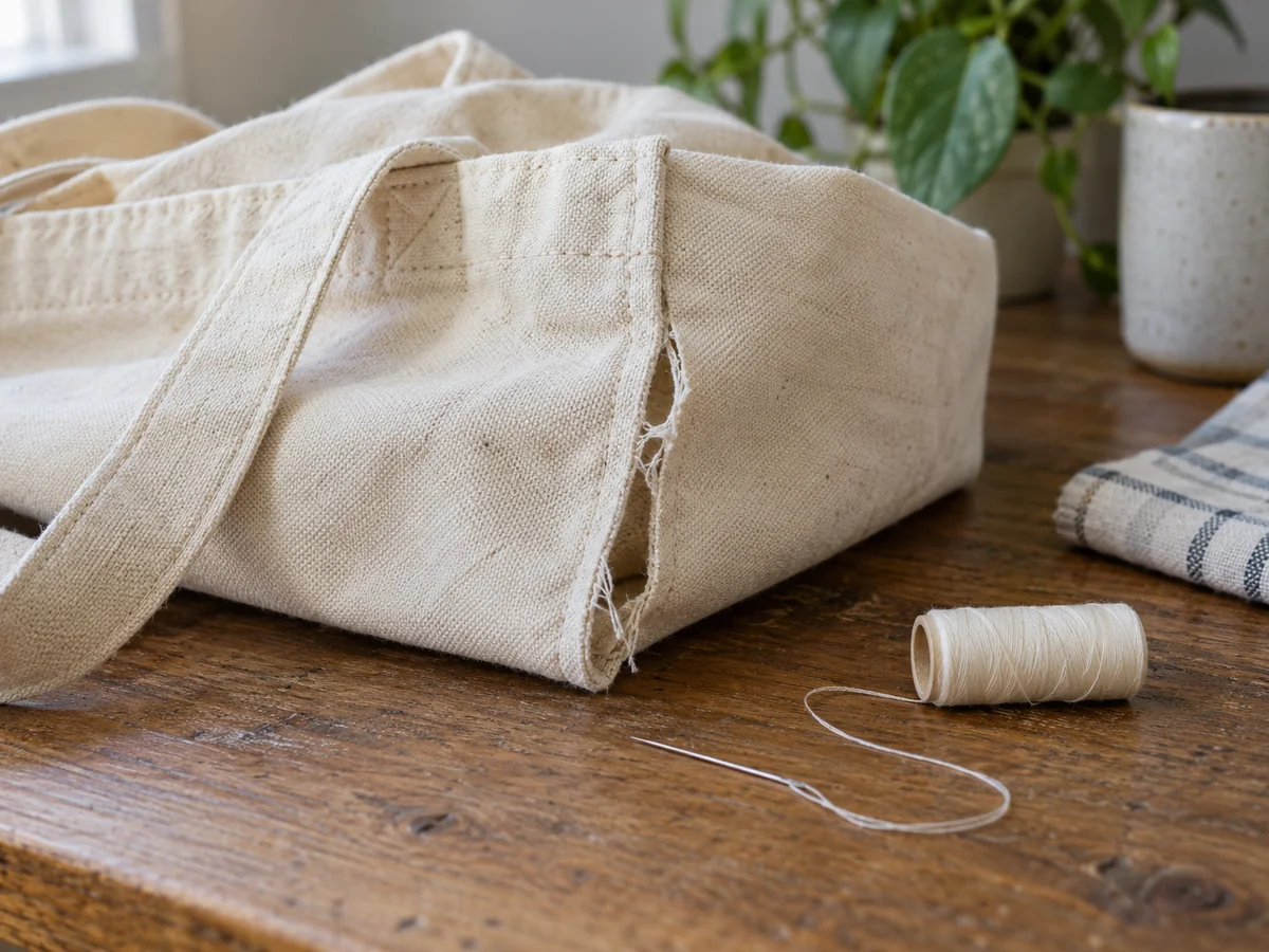Close-up of a small opened side seam on a plain canvas tote with intact cloth around it, needle and matching thread nearby for repair assessment.