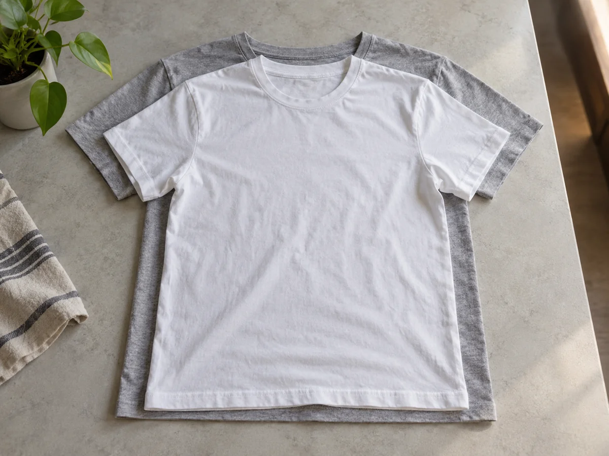 A freshly washed plain cotton T-shirt laid flat over a slightly larger dry comparison shirt, shoulder and hem edges clearly offset.