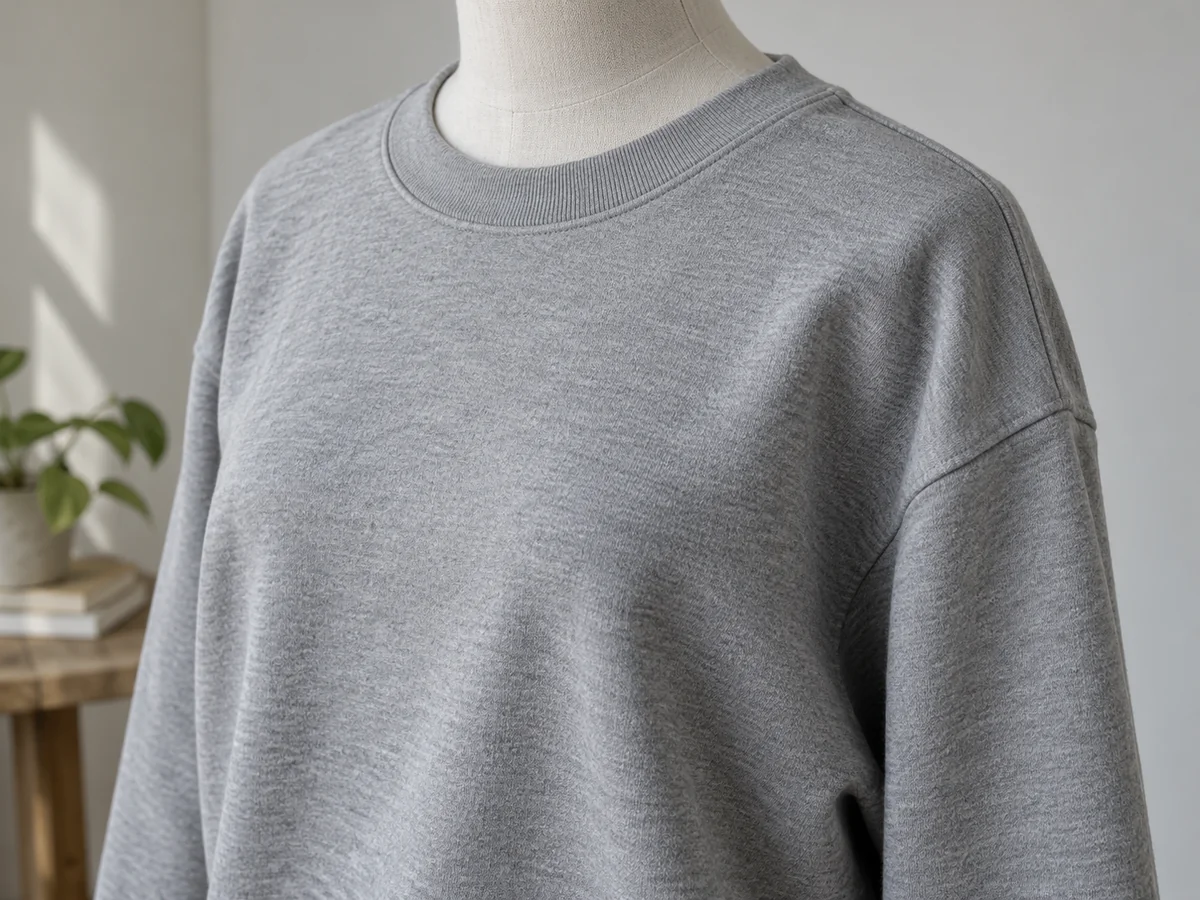 A plain grey sweatshirt on a torso mannequin cropped below the neck, showing the shoulder seam sitting down the upper arm.
