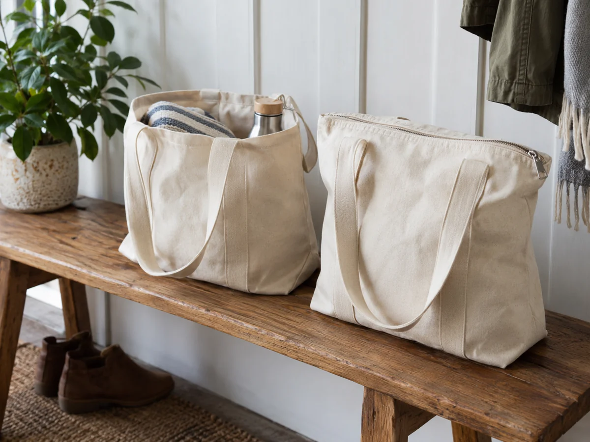 Two plain canvas totes on a bench, one open-top and one with a closed top zipper clearly visible.