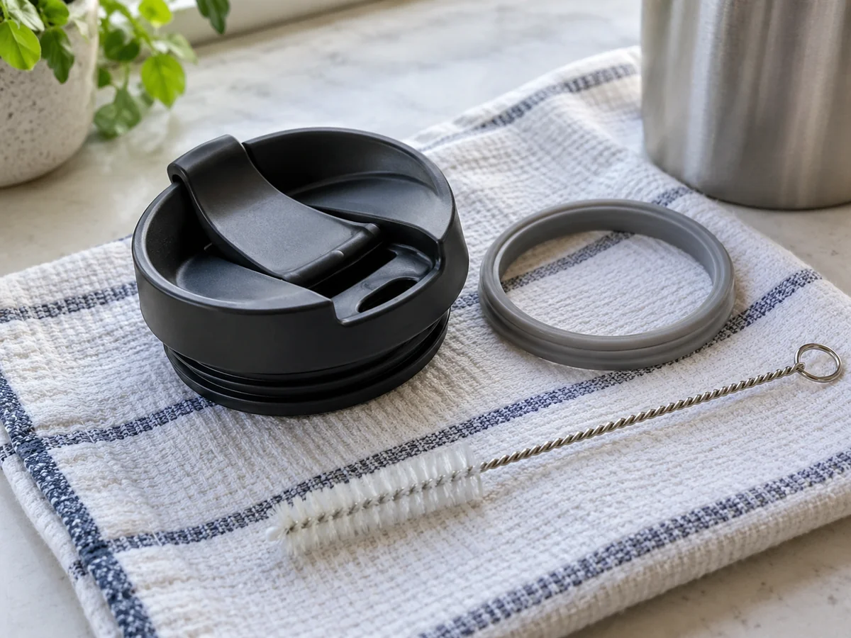 A disassembled unbranded travel cup lid, removable silicone gasket and small soft cleaning brush on a clean kitchen towel.