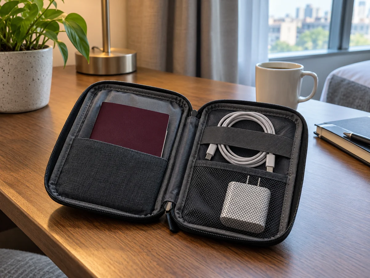 An open small fabric travel pouch on a hotel desk with passport-shaped blank booklet, charging cable and adapter neatly separated, no personal data.