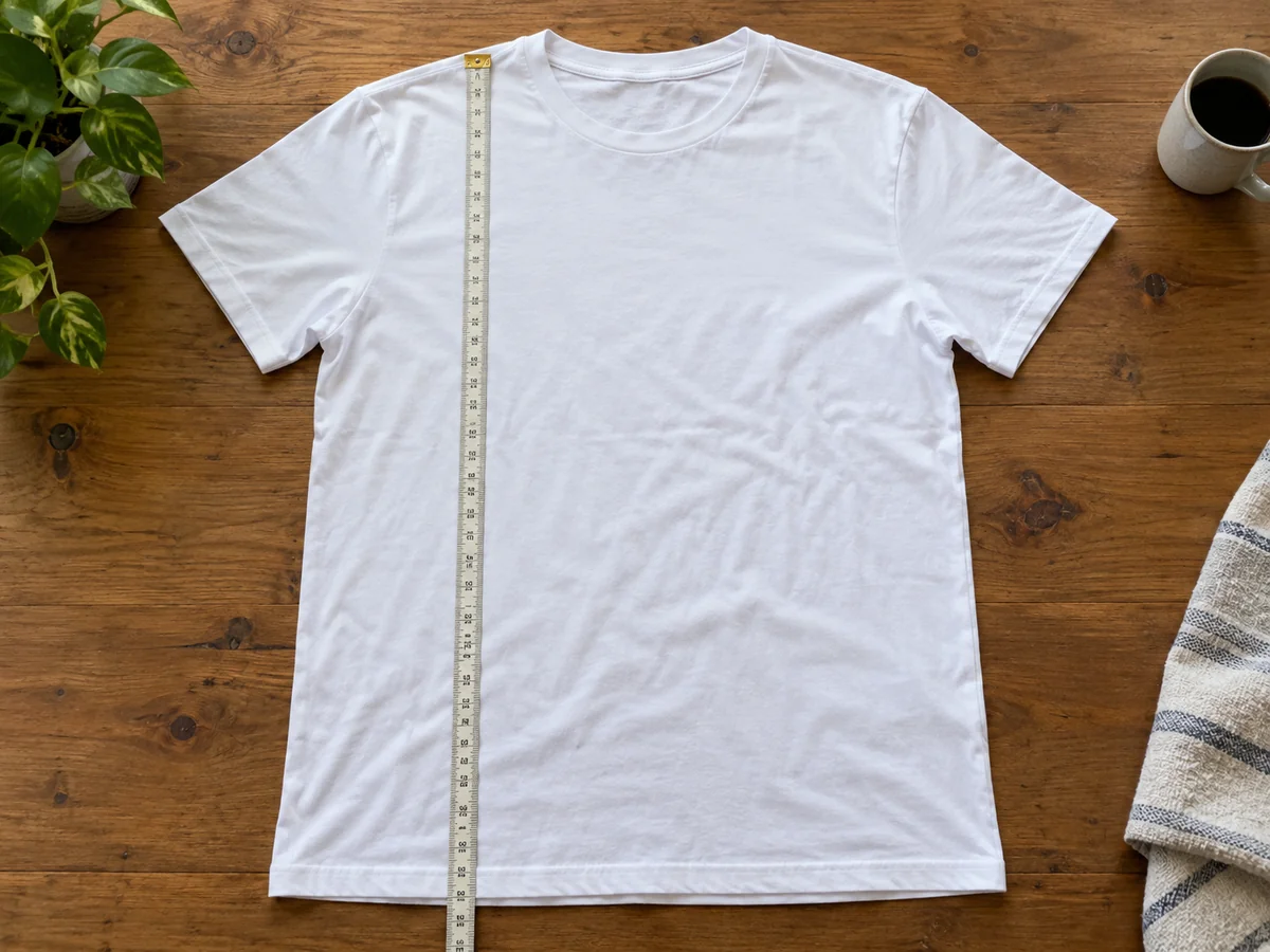 A plain T-shirt laid flat with a cloth measuring tape running vertically from high shoulder to bottom hem.