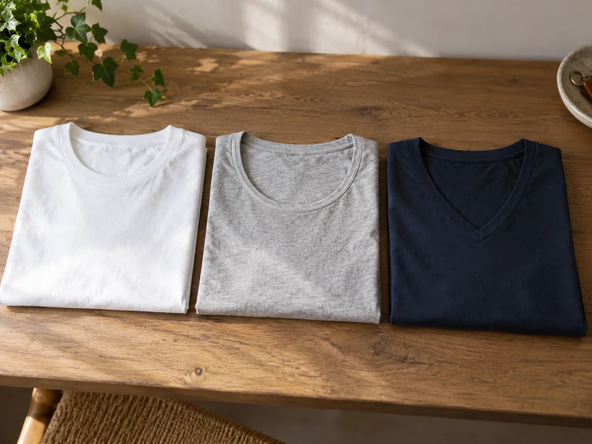 Three plain cotton T-shirts folded side by side with a crew neck, a wide round neck and a V-neck clearly visible.