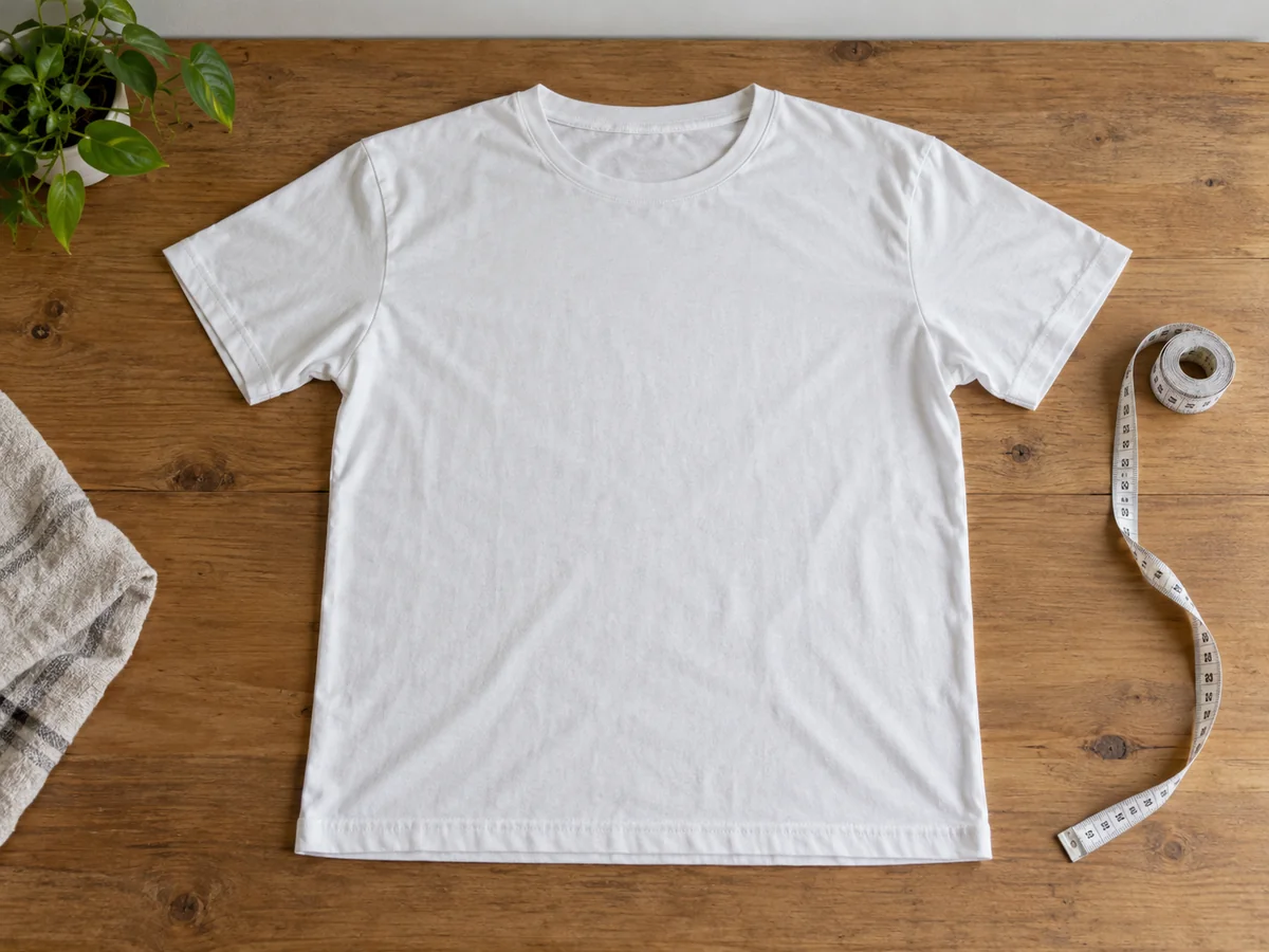 A neutral plain unisex T-shirt laid flat beside a soft measuring tape, full chest width and straight side seams visible.