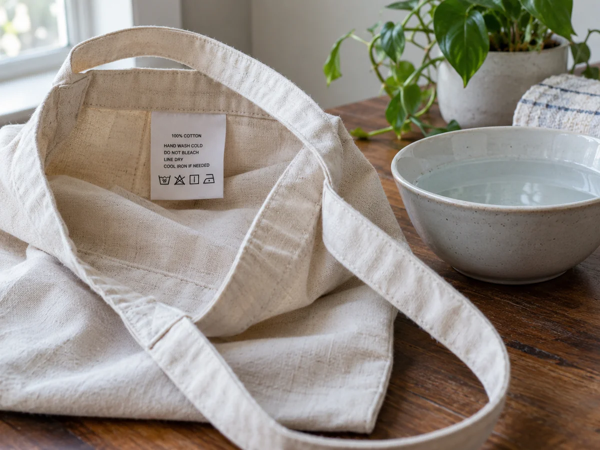 A plain canvas tote with inner care label turned out beside a small bowl of cool water, no washing in progress until label is checked.