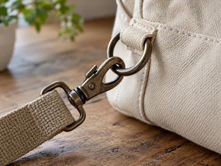 Close-up of a plain canvas bag metal swivel clip, D-ring and stitched webbing attachment, detailed hardware view.