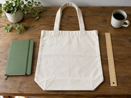 A plain tote laid flat beside a ruler and everyday notebook for scale, full bag outline visible, no written dimensions.