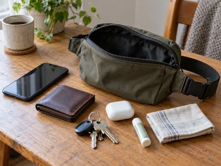 A small unbranded belt bag open on a table beside a phone, small wallet and keys, all contents ready to pack.