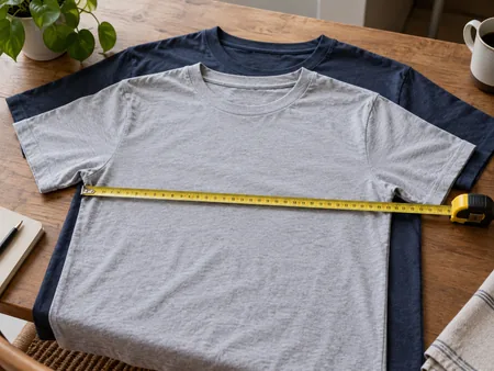 Two similar plain shirts of slightly different sizes stacked offset on a table, measuring tape across the chest widths.