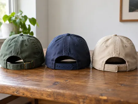 Rear view of three unbranded baseball caps showing a metal buckle strap, plastic snap closure and hook-and-loop closure.