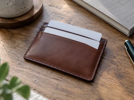 A slim unbranded leather cardholder with two blank unmarked cards partly slid from slots, close-up of easy card access.