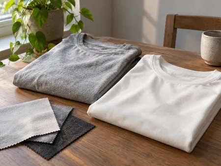 Two folded plain jersey shirts of different drapes, one softly matte and one smoother, beside unprinted fabric swatches.