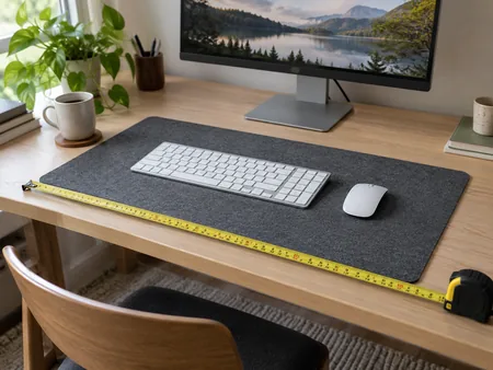 A tidy desk with an unbranded rectangular desk mat beneath keyboard and mouse, tape measure along the available desktop edge.