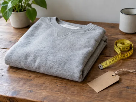 A folded plain sweatshirt beside a measuring tape and a blank gift tag, practical clothing gift still life, no size guessing text.