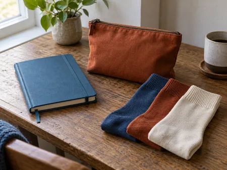 Small everyday accessories in restrained blue, rust and cream arranged as colour options: notebook, pouch and plain socks, no labels.