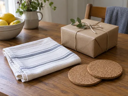 A small useful housewarming set of plain cotton tea towel and two cork coasters beside a modest wrapped parcel, kitchen table still life.