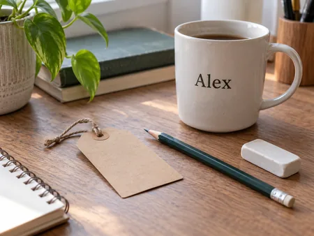 A plain gift tag beside a pencil and eraser on a desk with a simple personalised mug, only the short name Alex clearly printed on the mug.