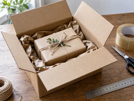 A modest wrapped gift placed inside a larger cardboard shipping box with folded kraft cushioning, tape and ruler nearby.