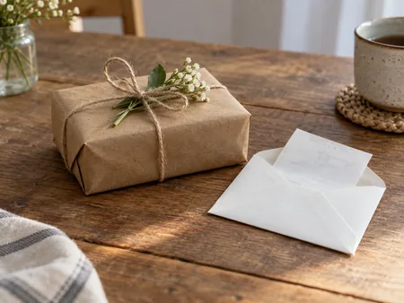 A small wrapped gift with a plain receipt folded into a simple unmarked envelope beside it, no fabricated store name or readable transaction details.