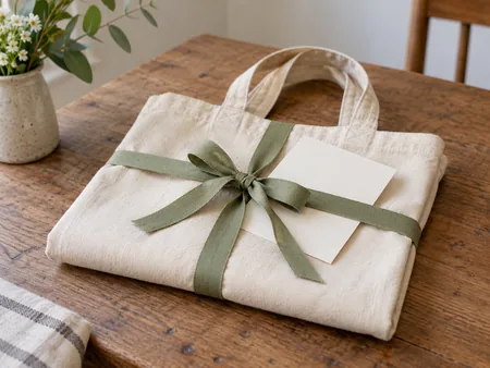 A plain natural canvas tote folded with a simple ribbon and an empty card tucked beside its handles, modest gift presentation.