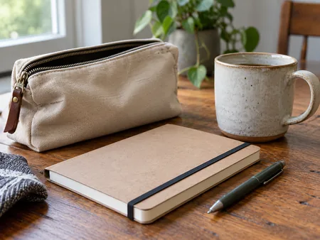 A simple canvas pouch, unbranded notebook and sturdy ceramic mug arranged together, close emphasis on useful handle and zipper details rather than wrapped boxes.