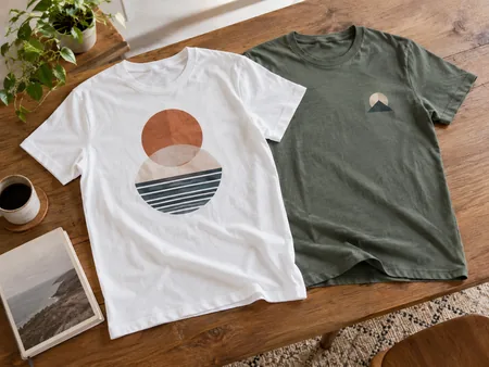 Two plain T-shirts laid flat with simple original abstract geometric prints, one small chest print and one centred larger print, no letters or logos.