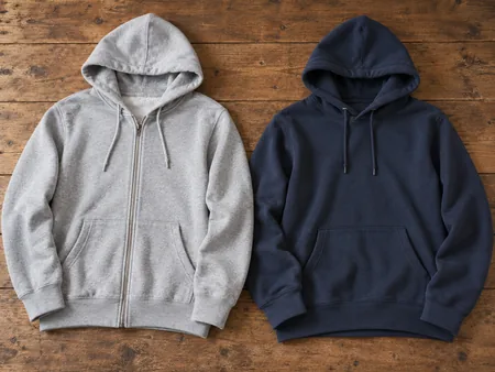 A plain zip-front hoodie and a plain pullover hoodie laid flat side by side with their different front openings visible.