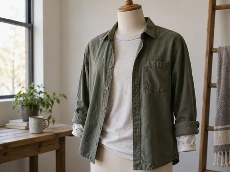 A thin plain long-sleeve shirt partly layered under an open overshirt on a torso mannequin, cuff and neckline visible.