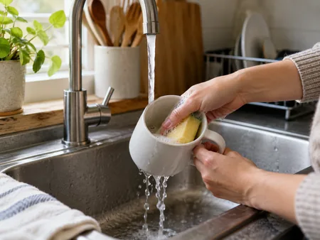 Hands gently washing the inside of a plain ceramic mug with a soft sponge under a kitchen tap, no abrasive scourers.