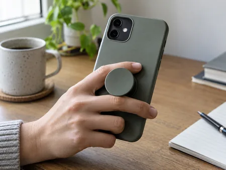 Back of an unbranded smartphone case with a simple circular expandable grip attached slightly below centre, a hand demonstrating comfortable reach.