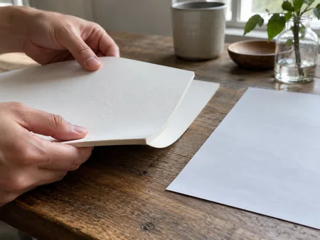 Hands lightly bending the edge of a blank heavy art paper sheet beside a thinner poster sheet, paper thickness visible, no printing text.